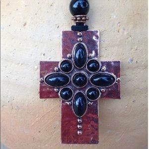 BLACK ON COPPER CROSS PENDANT ON CORD